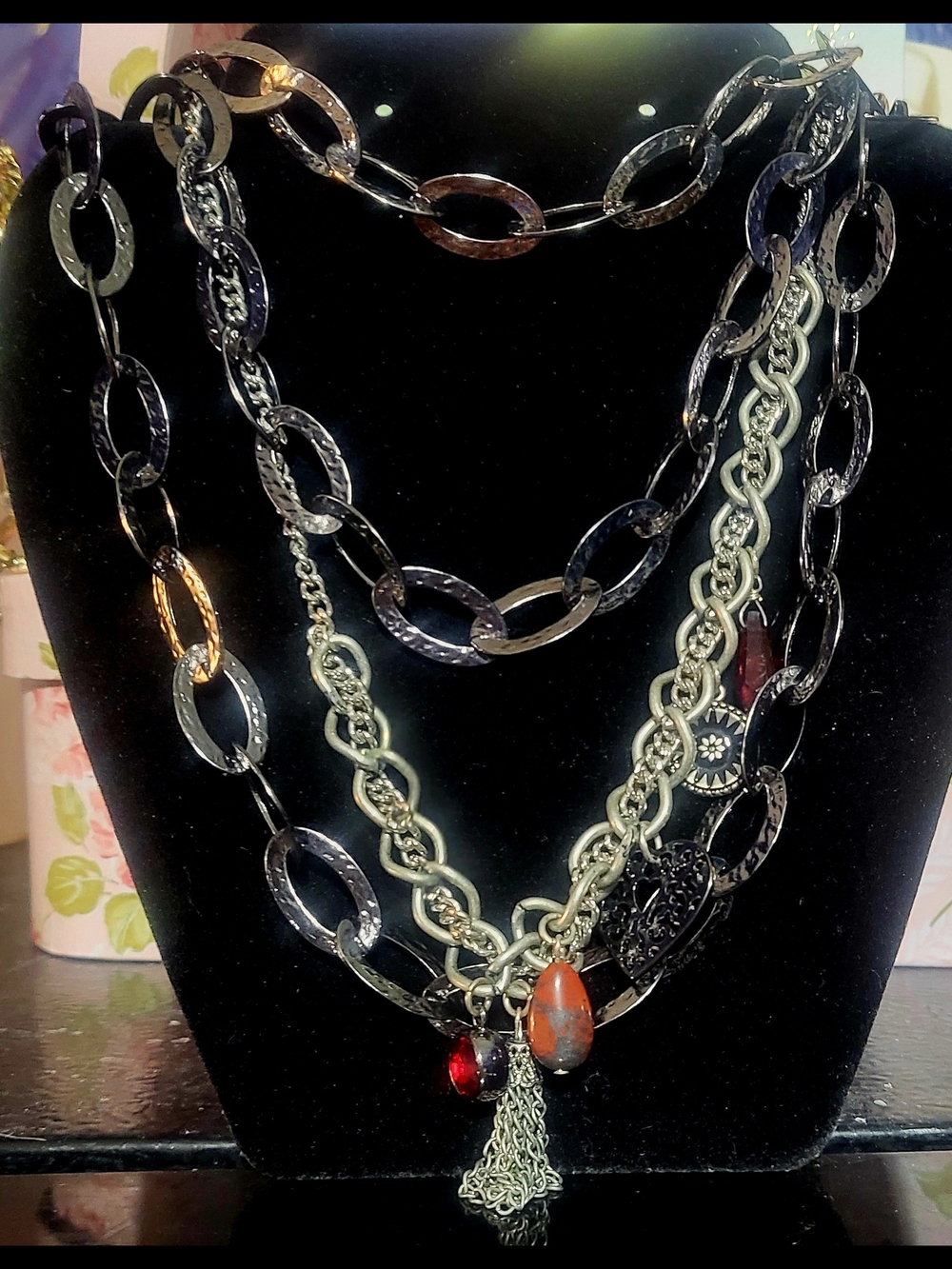2X20" Layering Necklace Set Black Textured Links & Silver  Charm Accent Chain